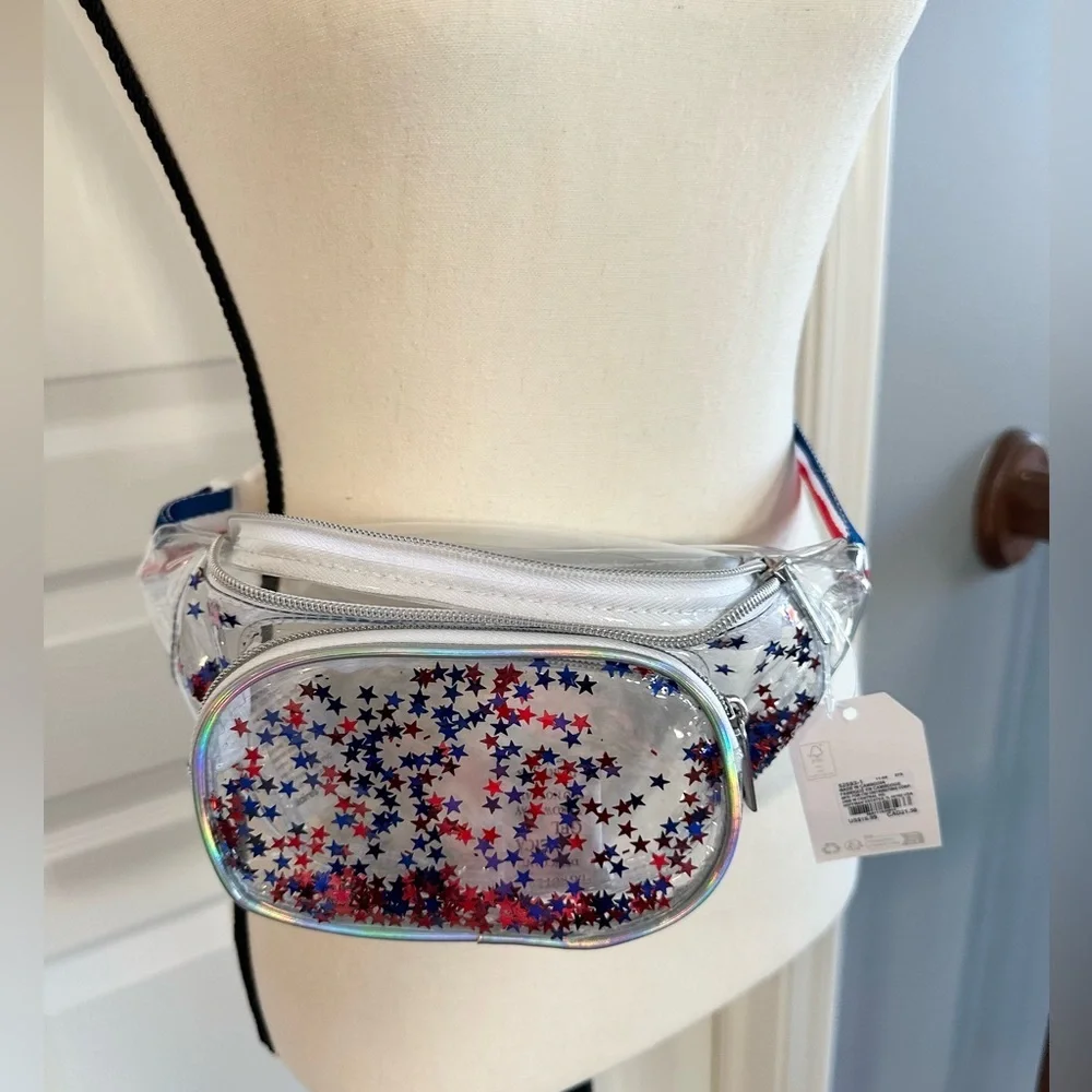 Claire’s Kids Red, White and Blue Clear Stars and Stripes belt Bag – NEW w/Tag